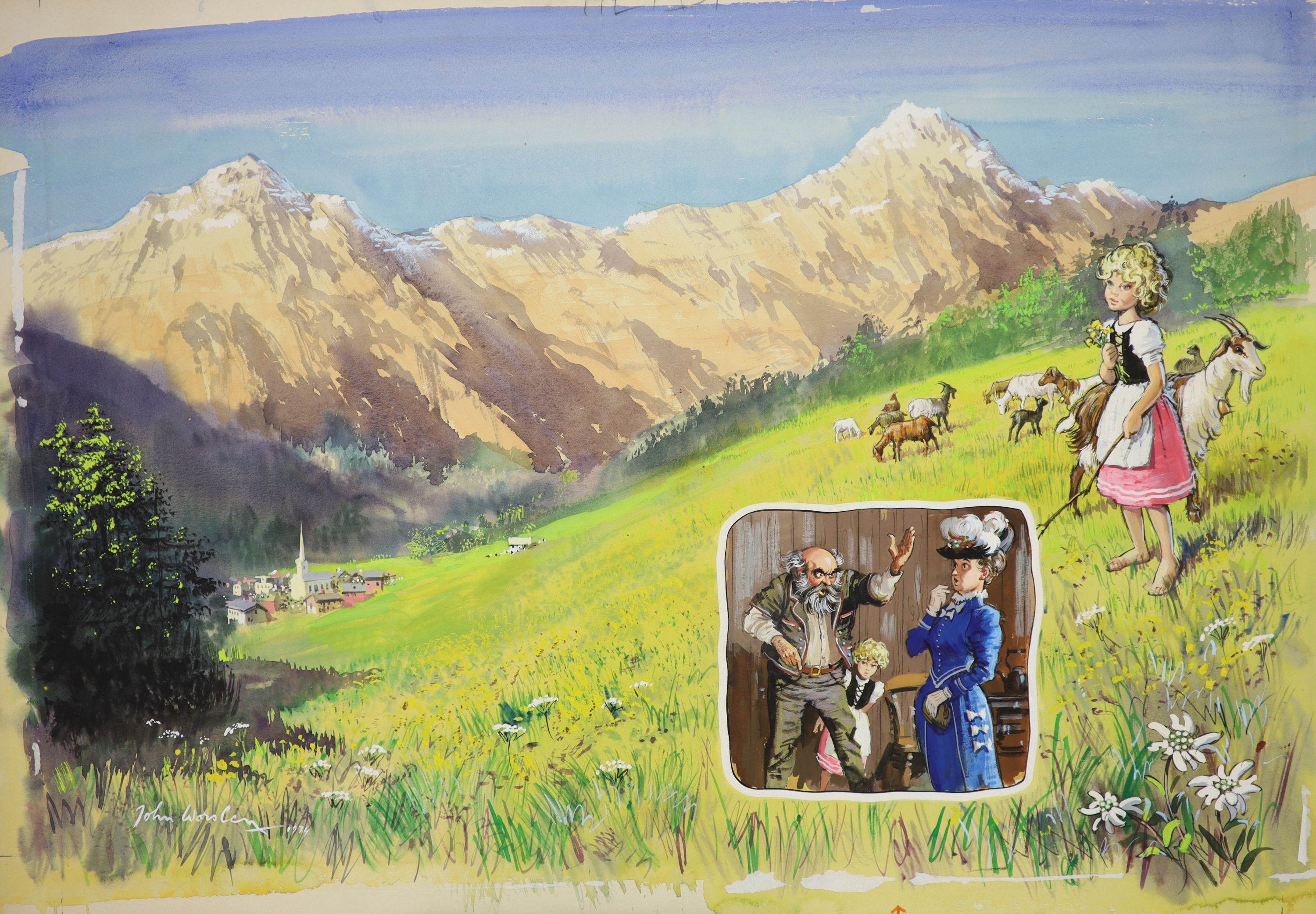 John Worsley (1919-2000) - A collection of 17 original book illustrations, in gouache and watercolour, for Heidi, each signed and dated, the largest (front and rear cover illustration), 54 x 76cms., together with a copy